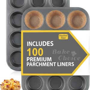Bake Choice 2 Pack Muffin Pan for Baking, Standard Cupcake Pan includes 100 Natural Cupcake Liners, Muffin Tin Nonstick 12 Cup, Baking Pans Set, Carbon Steel Baking Supplies